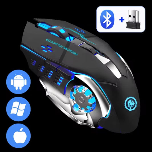 Mouse inalámbrico recargable Gamer, Mouse silencioso con Bluetooth, USB, mecánico, e-sports, retroiluminación, PC